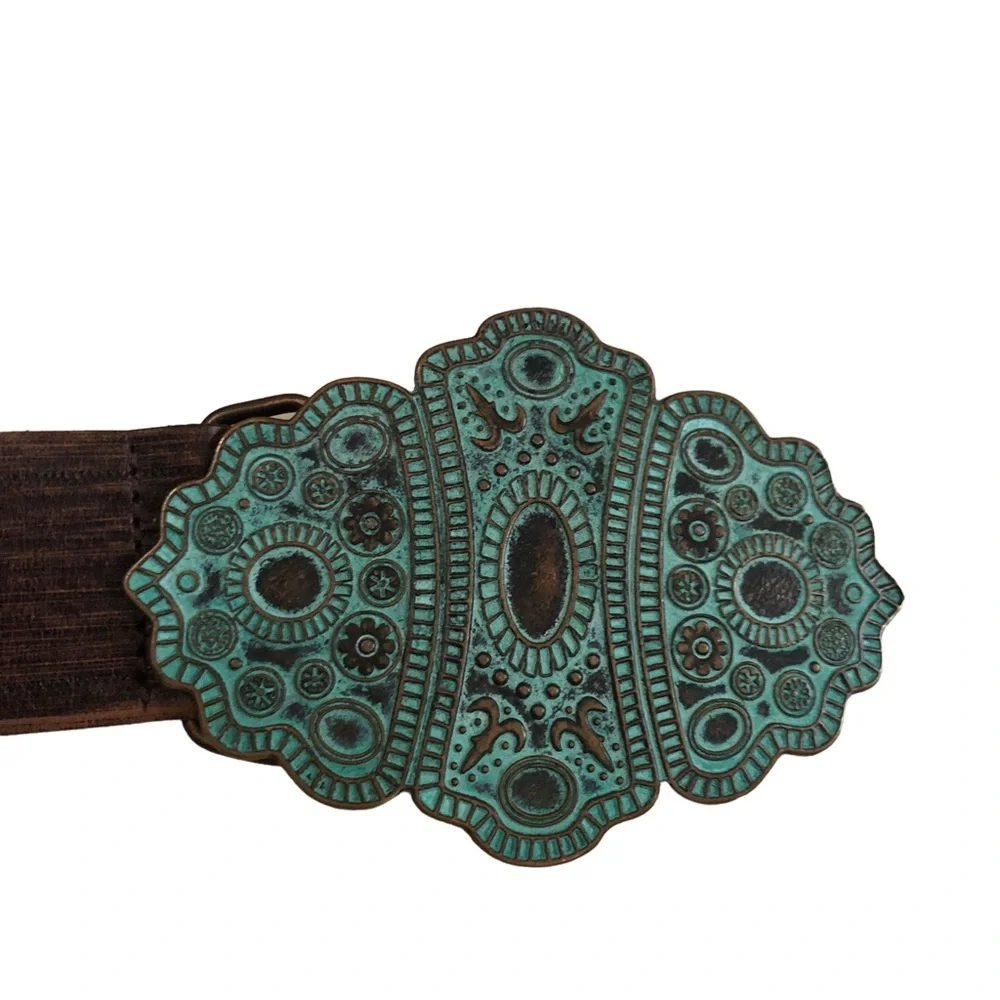 New Italian Leather Belt Brown/Turquoise Buckle Made in Canada Size L - Picture 3 of 10